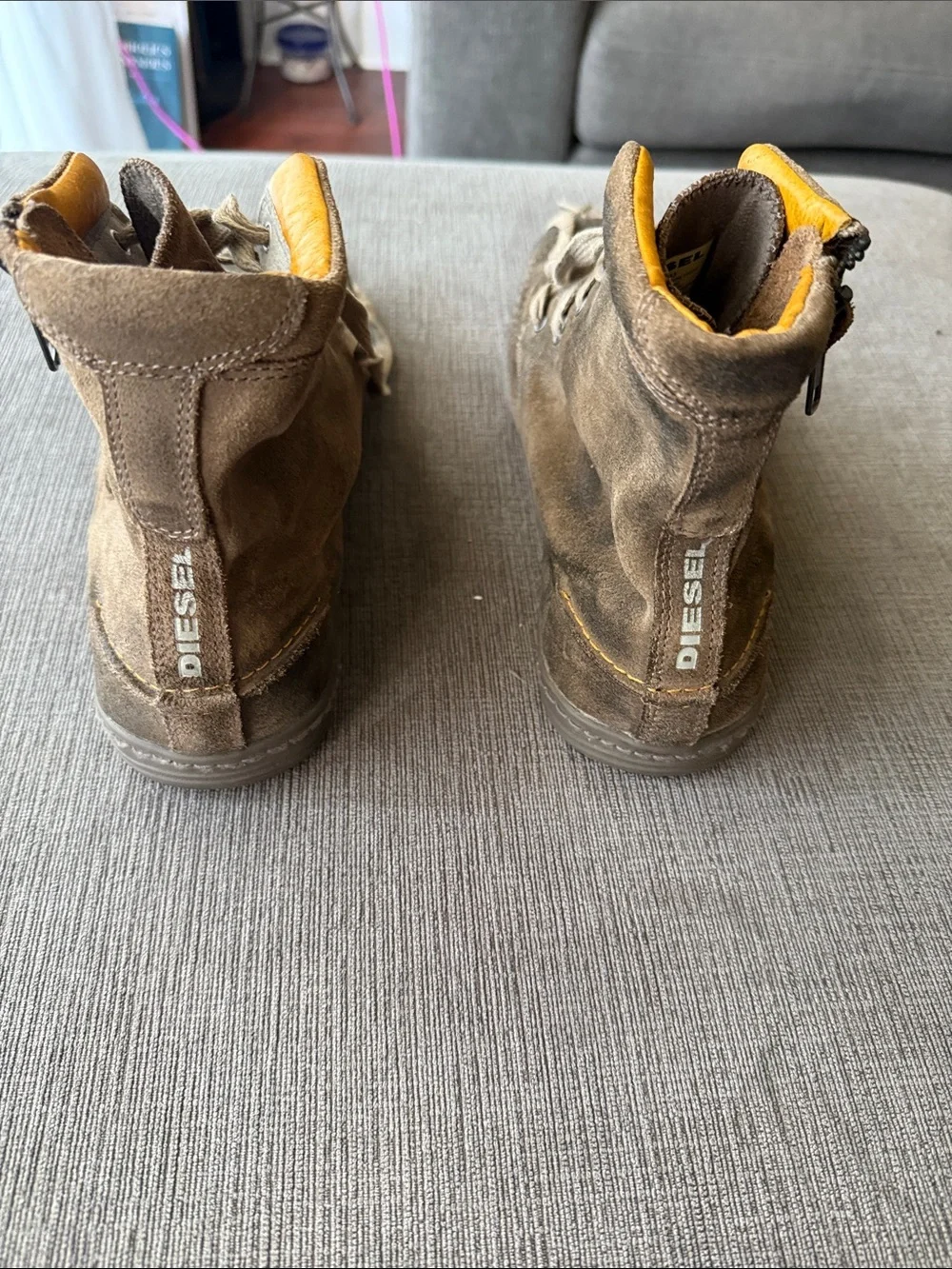 Diesel Brown Suede Lace-Up Boots with Yellow Interior